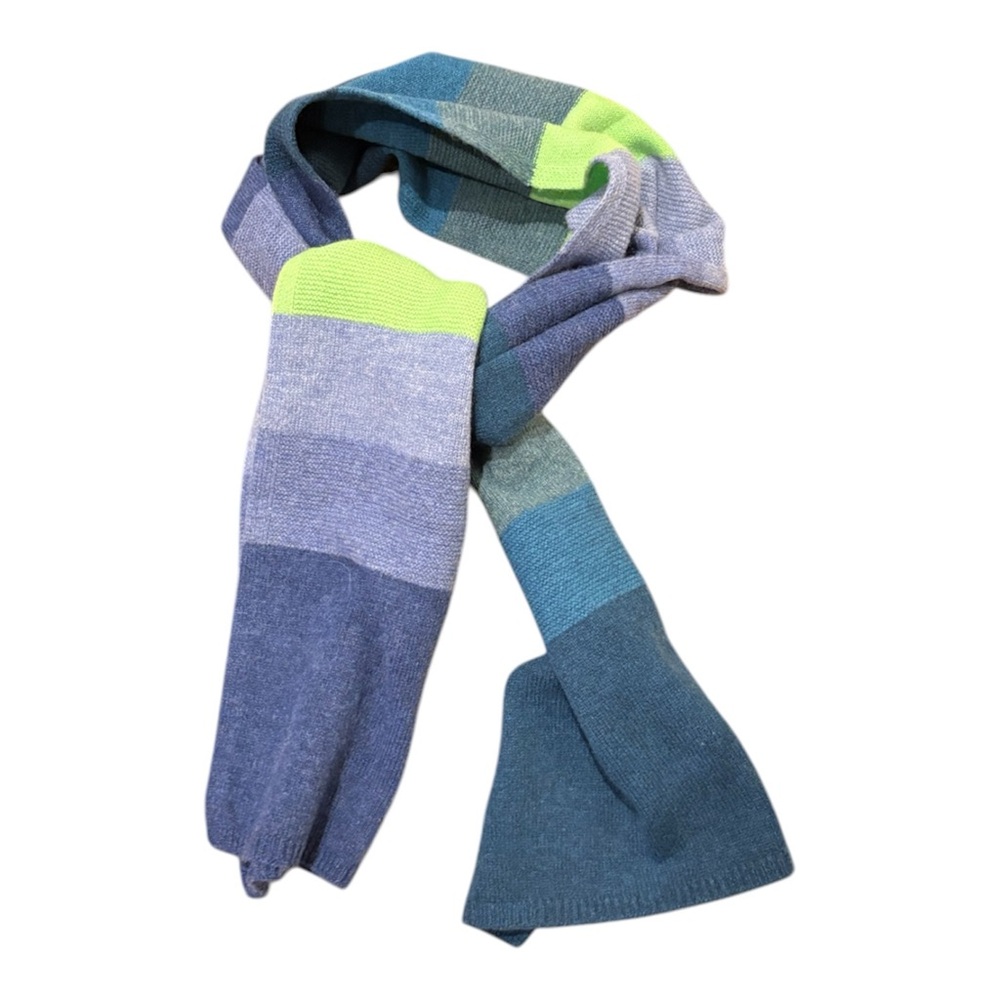 NoOok Women's Striped Knit Scarf NWT in Blue, Teal and Lime Lambswool